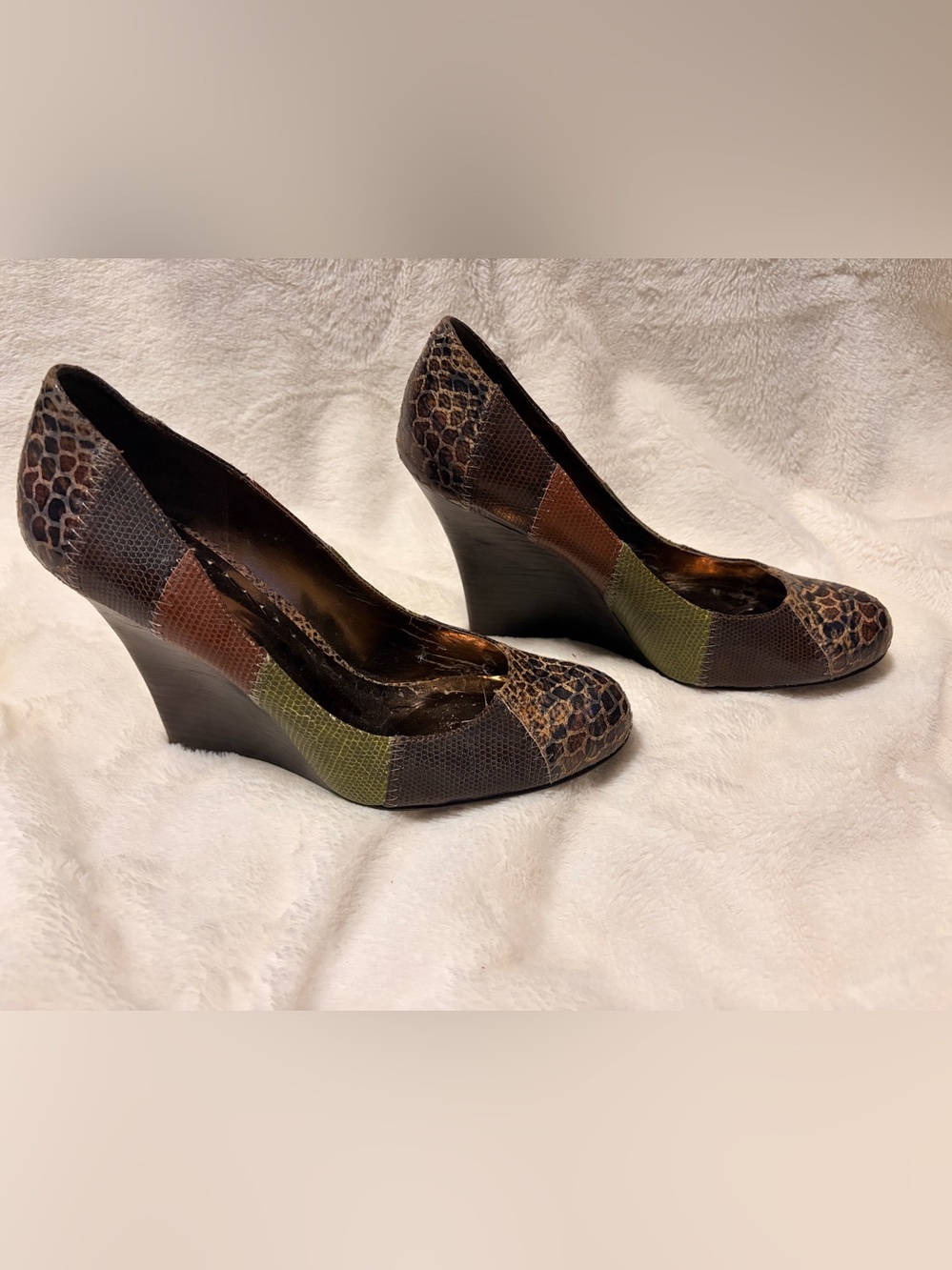 BCBG Patchwork Multicolor Wedge Pumps - Olive, Brown & Black